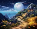 landscape with a moon on a rock path.