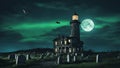 landscape with moon A scary lighthouse in a haunted graveyard, under a full moon. Royalty Free Stock Photo