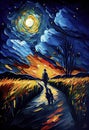 Landscape, moon, stars, starry night, man walking, traveller, landscape, background, wallpaper, generative ai Royalty Free Stock Photo