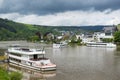Landscape with Mosel river and ferry ships, Traben-Trarbach, Germany Royalty Free Stock Photo