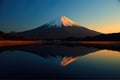 Landscape of mount fuji reflected on lake over blue sky, created using generative ai technology