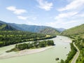 Landscape of the mountain chain of the Altai covered with green trees and rocks, with the turquoise Katun River and its rapids on Royalty Free Stock Photo