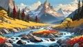 Landscape mountain flower autumn rocky river valley