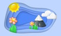 Landscape with mountain, flowers, sun and white clouds. 3d objects