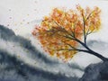 Landscape mountain fog maple tree stand alone and leaf falling to the wind in autumn season. traditional oriental ink a Royalty Free Stock Photo