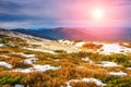 Landscape in the mountain:hazy tops and snowy hills.