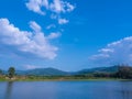 Landscape mountain and lake panoramic view with beautiful cirrocumulus clouds popping above lush green mountain in bright clear Royalty Free Stock Photo