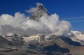 A landscape with a mountain Matterhorn view partially covered by clouds, near Zermatt, in southern Switzerland