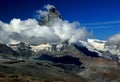 Landscape with a mountain Matterhorn view partially covered by clouds on a mountain Gornergrat, in southern Switzerland