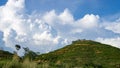 Landscape mountain overgrown dense green jungle tree with blue sky and white cloud. Nature green environment Royalty Free Stock Photo