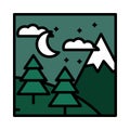 Landscape mountain pine trees night moon sky nature scene line and fill style