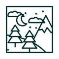 Landscape mountain pine trees night moon sky nature scene line icon style