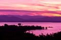 Landscape mountain range and purple sky at the sunset