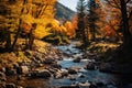 Landscape of a mountain river flowing through a forest in autumn colors Royalty Free Stock Photo