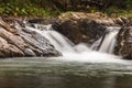 Landscape of mountain river in sunshine. View of the stony rapids. Royalty Free Stock Photo