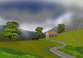 Landscape with mountain, small isolated house, silhouetted cattle grazing and swamp trees in the meadow. Illustration.