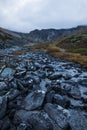 Landscape with mountain stream, rocks and cloudy sky