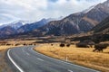 Landscape with Mountain winding road in the Mount Cook National Park on cloudy autumn day, South Island, New Zealand Royalty Free Stock Photo