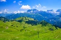 Landscape of mountains of Alps in summer with gondola lift in Portes du Soleil, Switzerland Royalty Free Stock Photo