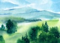 Landscape with mountains, blue sky, clouds, green field. Hand drawn nature background. watercolor painting illustration Royalty Free Stock Photo