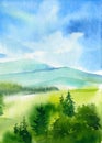 Landscape with mountains, blue sky, clouds, green meadow. Hand drawn nature background. watercolor painting illustration Royalty Free Stock Photo