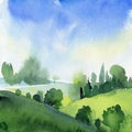 Landscape with mountains, blue sky, clouds, green meadow. Hand drawn nature background. watercolor painting illustration Royalty Free Stock Photo