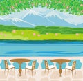 Landscape with mountains and cafe tables