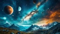 landscape with mountains and clouds with a view of space planet stars and milky way