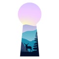 Landscape with mountains, dear, mist and forest at sunset . Double exposure, panoramic view, keyhole shape Royalty Free Stock Photo