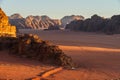 Landscape of mountains and desert in  Wadi Rum desert at beautiful evening sunset in Jordan, Middle east Royalty Free Stock Photo