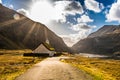 Landscape. Mountains, fields, blue sky, house. Beautiful view landscape in Faroe island Royalty Free Stock Photo