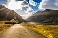 Landscape. Mountains, fields, blue sky, house. Beautiful view landscape in Faroe island Royalty Free Stock Photo