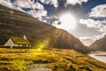 Landscape. Mountains, fields, blue sky, house. Beautiful view landscape in Faroe island Royalty Free Stock Photo