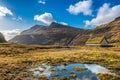 Landscape. Mountains, fields, blue sky, house. Beautiful view landscape in Faroe island Royalty Free Stock Photo