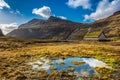 Landscape. Mountains, fields, blue sky, house. Beautiful view landscape in Faroe island Royalty Free Stock Photo