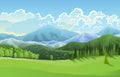 Landscape mountains, grasslands meadows and blue sky with clouds. Cartoon flat panorama of spring summer forest