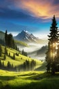 Landscape of mountains and green hills. Summer nature landscape with rocks, forest, grass, sun, sky and clouds.