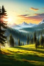 Landscape of mountains and green hills. Summer nature landscape with rocks, forest, grass, sun, sky and clouds.