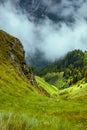 landscape with mountains, hills, grass, rocks, trees and fog