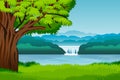 Landscape with mountains, hills, waterfall and tree. Illustration