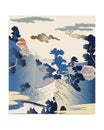 Landscape with mountains, japanese or chinese nature, Mount Fuji, vector illustration. Rising Sun. Japanese pagoda