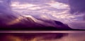 Landscape. Mountains and lake in mist in morning with purple col Royalty Free Stock Photo