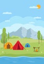 Landscape with Mountains, Lake, trees, camping tents Royalty Free Stock Photo
