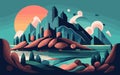 Landscape of mountains and lakes with a city peak. Vector illustration in flat style, panorama nature, generative ai Royalty Free Stock Photo