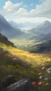 Landscape with mountains, meadow and flowers. Digital painting.
