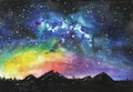 Landscape. Mountains, night sky, stars, space. Watercolor hand p