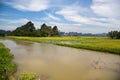 Landscape with mountains, rice fields and river Royalty Free Stock Photo