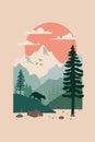 Landscape with mountains, a river and a bear. Royalty Free Stock Photo