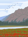 Landscape with Mountains, River, Poppy Field and Flying Birds