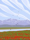 Landscape with Mountains, River, Poppy Field and Flying Birds